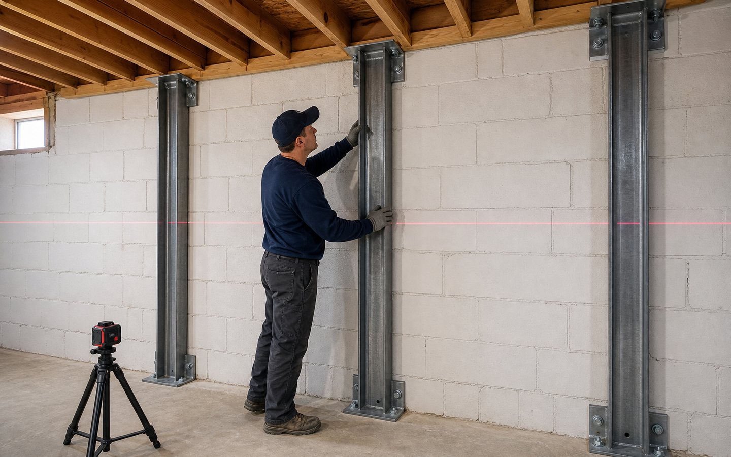 Steel braces stabilizing a bowed basement wall