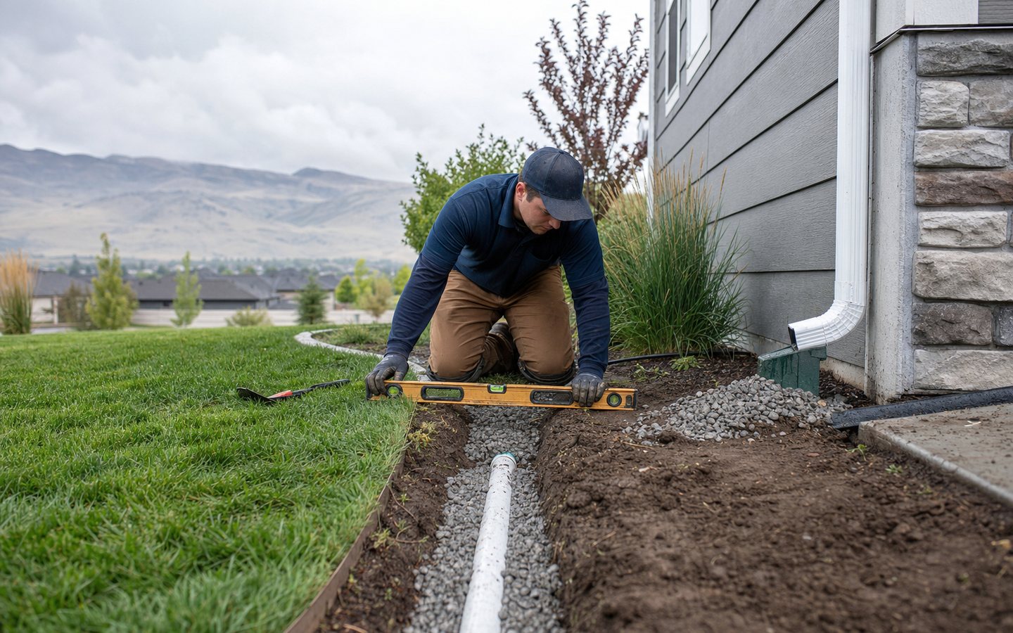 Technician correcting exterior drainage beside a home