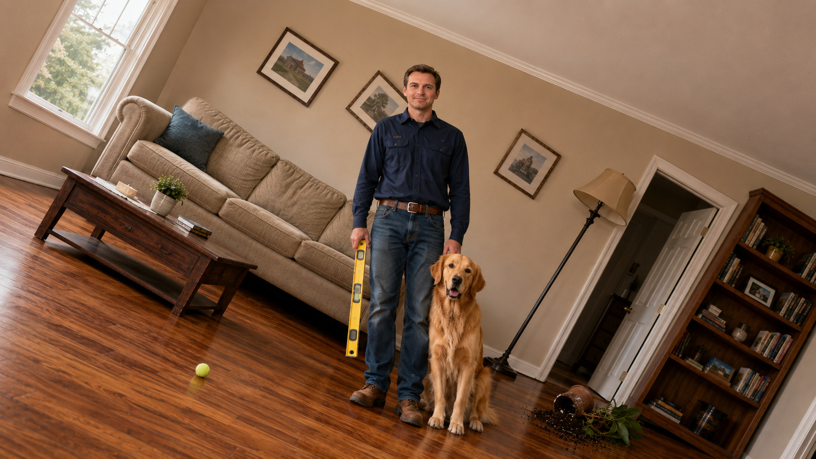 Homeowner and golden retriever leaning inside a tilted living room showing signs of uneven foundation settlement
