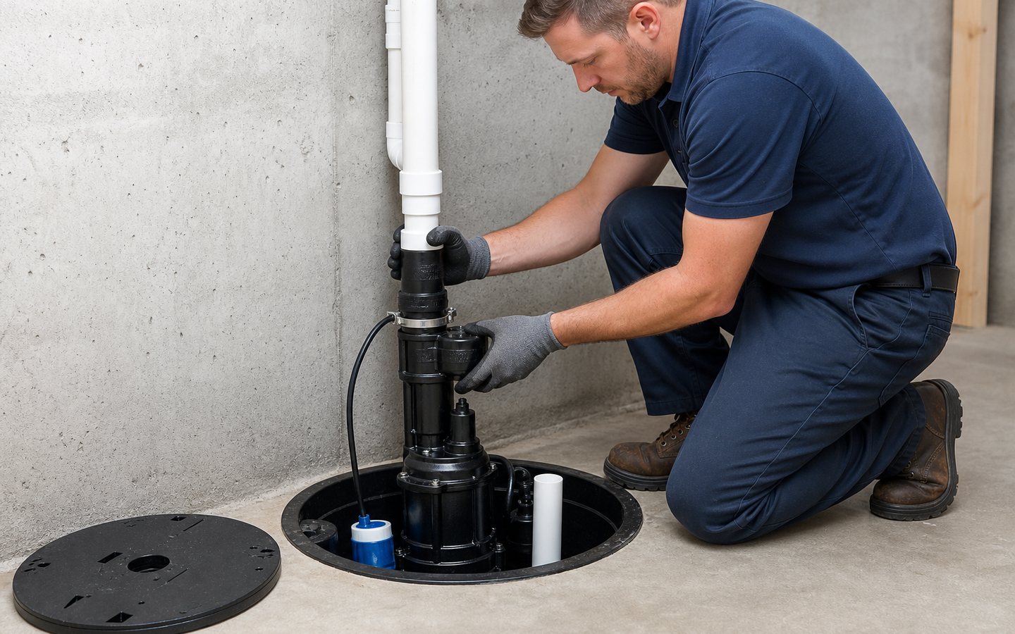 Professional sump pump installation in a basement basin
